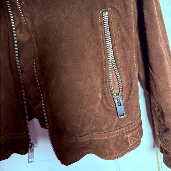 Express Men's Chocolate Brown Suede Bomber with Cream Collar - Picture 5 of 8